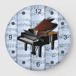 Piano ~ Rolled Sheet Music ~ Blue Tint Background  Große Wanduhr