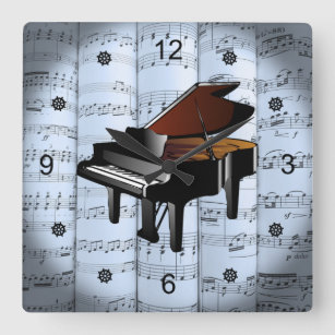 Piano ~ Rolled Sheet Music ~ Blue Tint Background  Quadratische Wanduhr
