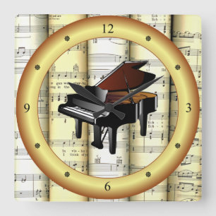Piano ~ Rolled Sheet Music ~ Gold Ring ~ * ~ Quadratische Wanduhr