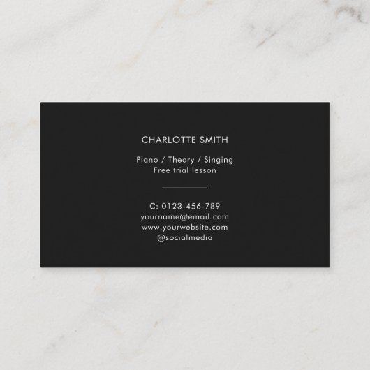 Piano Teacher Black&White Modern Business Card Visitenkarte (Rückseite)