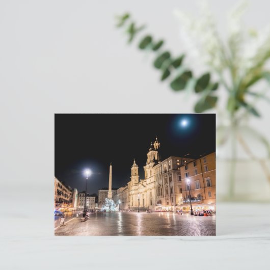 Piazza Navona bei Nacht unter Vollmond - Rom Postkarte (Stehend Vorderseite)