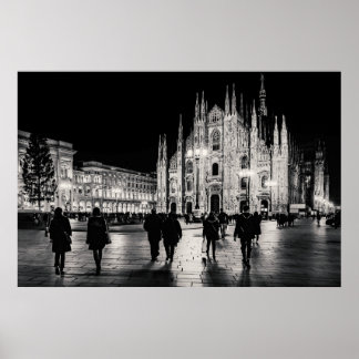 Piazza Night Scene, Mailand Poster