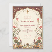 Pichwai Indian Lotus Peacock Wedding Invitation Einladung (Vorderseite)