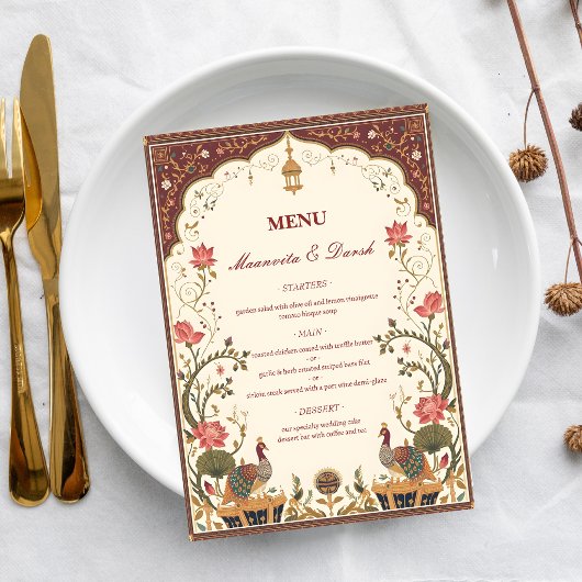 Pichwai Indian Lotus Peacock Wedding Menu Menükarte