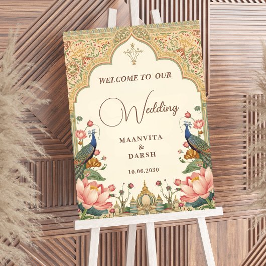 Pichwai Indian Lotus Peacock Wedding Welcome Sign Poster