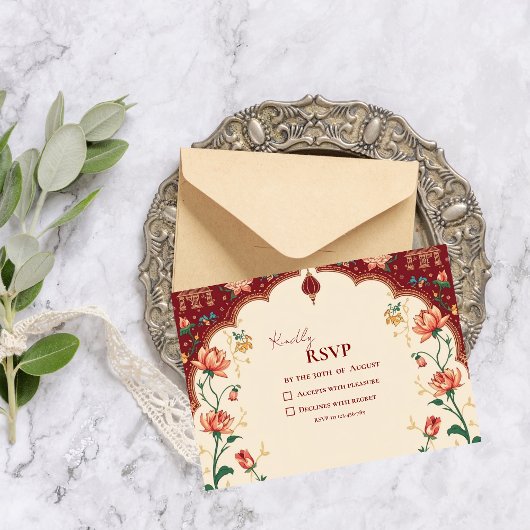 Pichwai Indian Peacock Elegant Wedding RSVP Karte