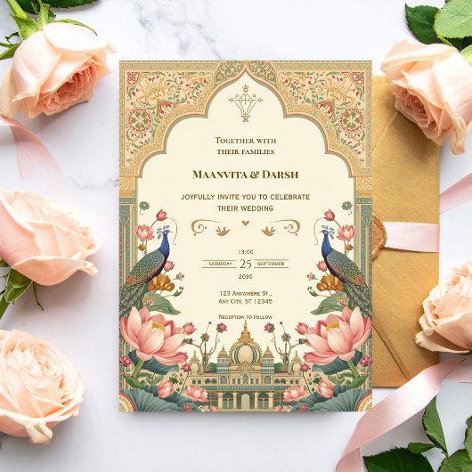 Pichwai Indian Peacock Lotus Wedding Invitation Einladung