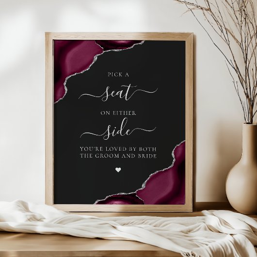 Pick a Seat Burgundy Agate Silver Dark Wedding Poster