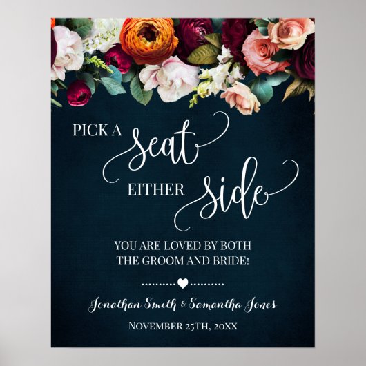 Pick Seat Either Side Wedding Wine Navy Schild (Vorne)