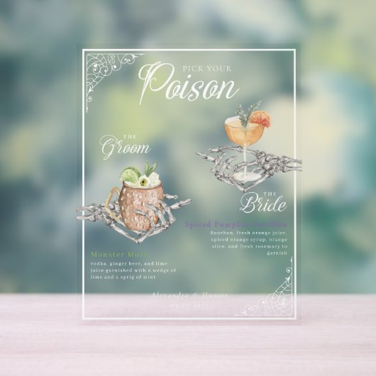 Pick your Poison Skelettbrille & Groom Cocktails Acrylschild (Neutral)