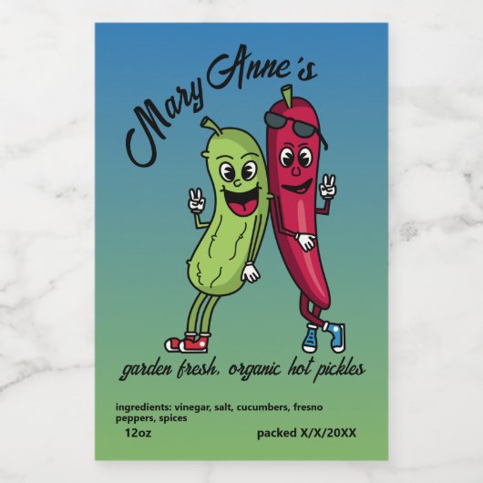 Pickle und Pepper Pals Funny Cartoon Pickles Lebensmitteletikett (Einzelnes Label)