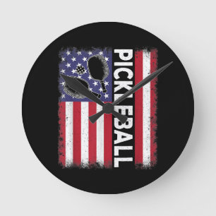 Pickleball Amerikanische Flagge Lustiger Picklebal Runde Wanduhr