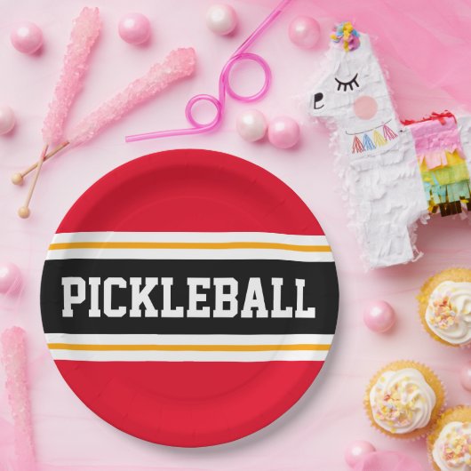 PICKLEBALL Athletic Bold Bright Red Black Stripes Pappteller (Party)