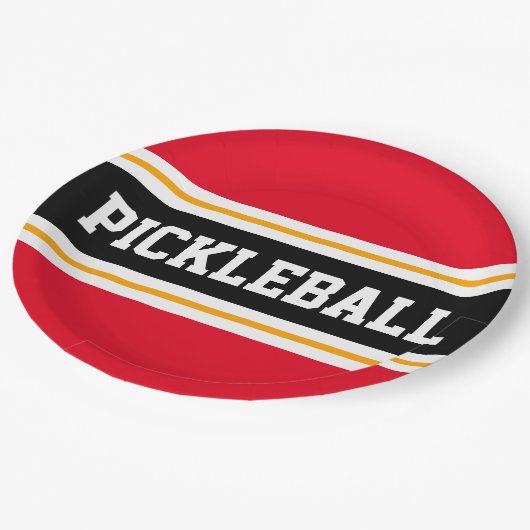 PICKLEBALL Athletic Bold Bright Red Black Stripes Pappteller (Schrägansicht)