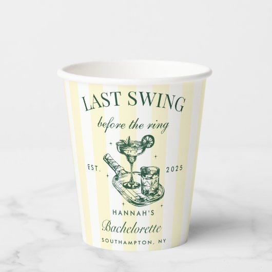 Pickleball Bach Cocktail Grün & Gelb Streifen Pappbecher (Vorderseite)