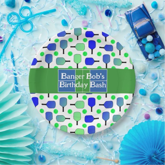 Pickleball Birthday Blue Green Paddle Ball Banging Pappteller (Party)