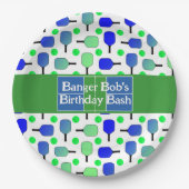 Pickleball Birthday Blue Green Paddle Ball Banging Pappteller (Vorderseite)