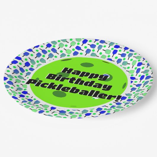 Pickleball Birthday Blue Green Personalisiert Happ Pappteller (Schrägansicht)