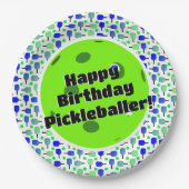 Pickleball Birthday Blue Green Personalisiert Happ Pappteller (Vorderseite)