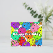 Pickleball Birthday farbenfrohe Ballons und Confet Postkarte (Stehend Vorderseite)