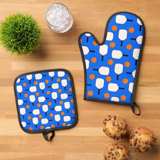 Pickleball blau, orange Bälle mit weißen Paddeln Ofenhandschuh & Topflappen-Set (Oben Unten)