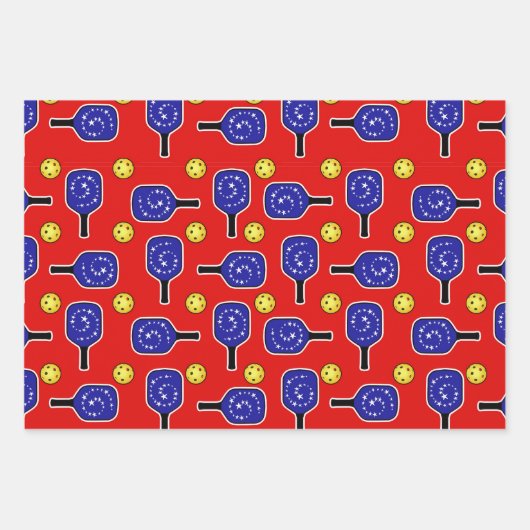 Pickleball Blue Paddles Yellow Balls 4. Juli Geschenkpapier Set (Vorderseite)