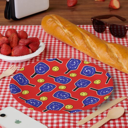 Pickleball Blue Paddles Yellow Balls 4. Juli Pappteller (Picknick)