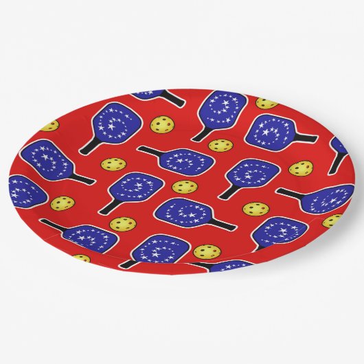 Pickleball Blue Paddles Yellow Balls 4. Juli Pappteller (Schrägansicht)