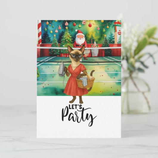 Pickleball Cat Housefrau Weihnachten Lasst uns Par Einladung (Stehend Vorderseite)