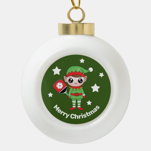 Pickleball Christmas Elf Keramik Kugel-Ornament (Vorderseite)
