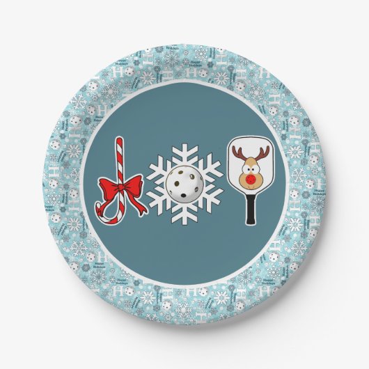 Pickleball Christmas Joy Blue und White Snowballs Pappteller (Vorderseite)