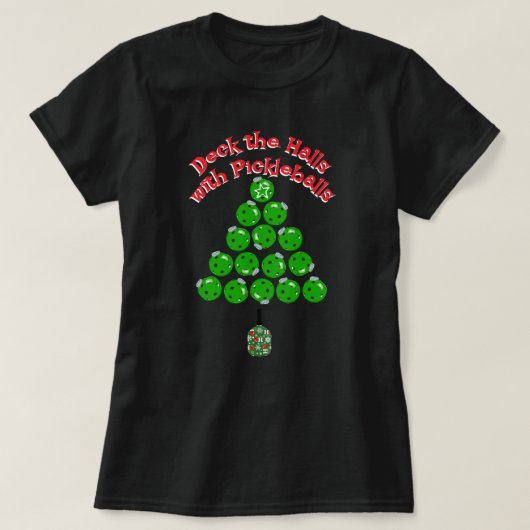 Pickleball Christmas Tree Deck the Halls Dark T-Shirt (Design vorne)
