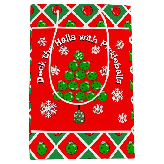 Pickleball Christmas Tree Deck the Halls Red Green Mittlere Geschenktüte (Vorderseite)