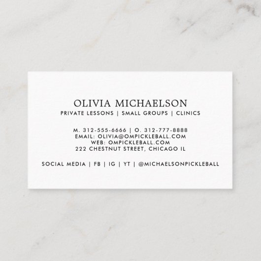 Pickleball Coach Instructor Pro Einfache Moderne Visitenkarte (Rückseite)