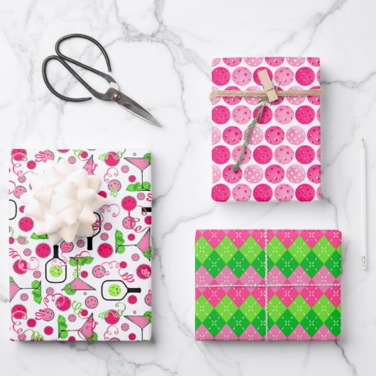 Pickleball Cocktail Preppy Pink Green Celebration Geschenkpapier Set (Vorderseite)