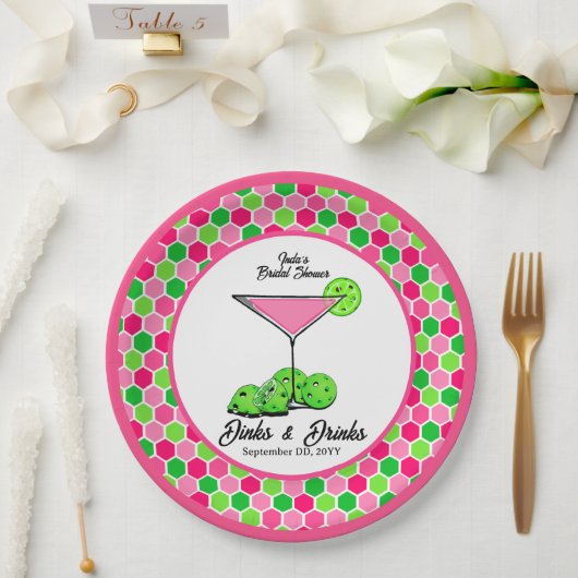 Pickleball Cosmo Dinks & Drinks Pink Honeycomb Pappteller (Hochzeit)