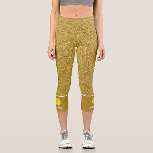 Pickleball Design Gold Glitzer Print Custom Capri Leggings (Vorderseite)