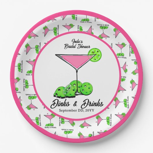 Pickleball Dinks & Drinks Pink Cosmo Cocktails  Pappteller (Vorderseite)