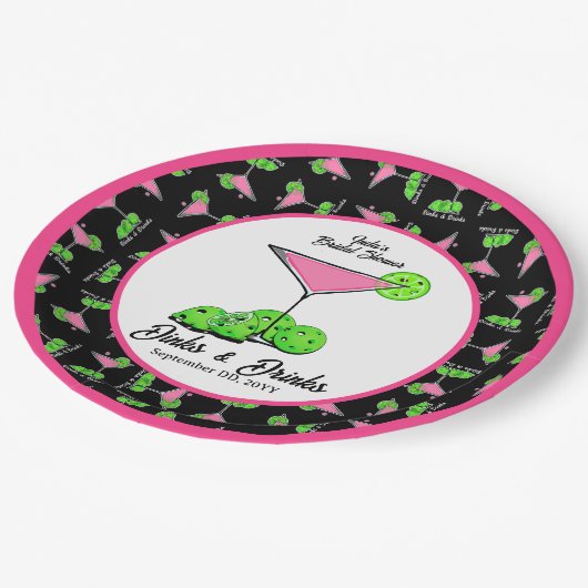 Pickleball Dinks & Drinks Pink Cosmo Cocktails  Pappteller (Schrägansicht)