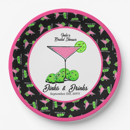 Pickleball Dinks & Drinks Pink Cosmo Cocktails  Pappteller (Vorderseite)