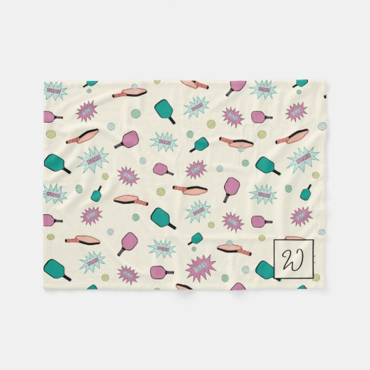 Pickleball! Farbiges Monogramm-Anfangsmuster Fleecedecke (Vorderseite (Horizontal))