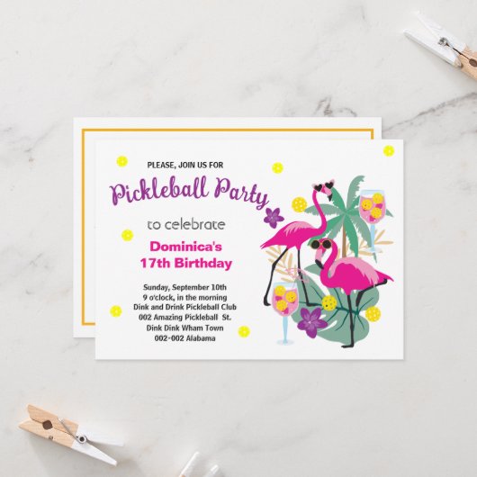Pickleball Flamingos B'day Einladung + UAWG (Vorderseite/Rückseite Beispiel)
