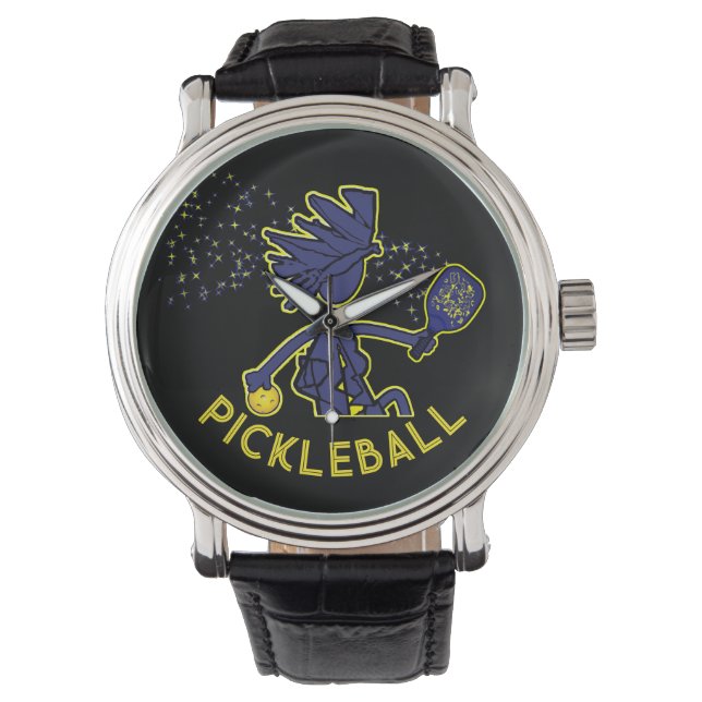 Pickleball Fun Blue auf Black Wrist Watch Armbanduhr (Vorderseite)
