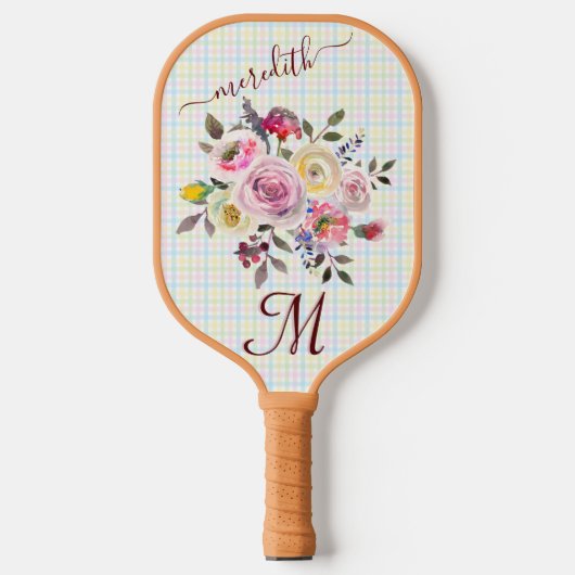 Pickleball Gal: Blume Kariert Name der Monogrammka Pickleball Schläger (Vorderseite)