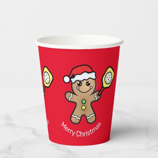 Pickleball Gingerbrot Junge Sondertext rot Pappbecher (Rückseite)