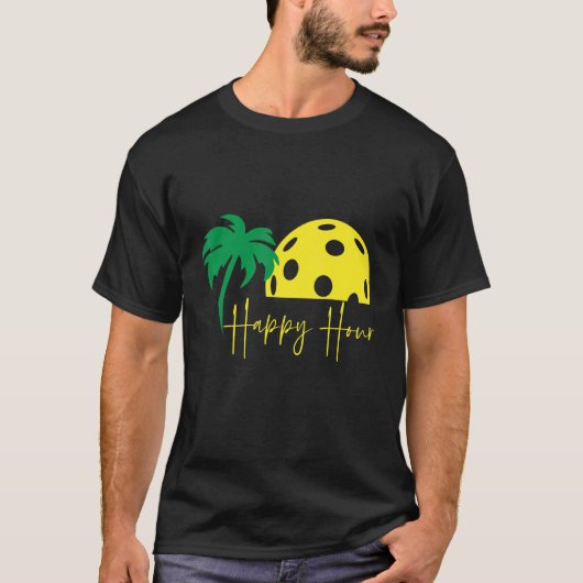 Pickleball HAPPY HOUR Riesige Sonnenuntergang Palm T-Shirt (Vorderseite)