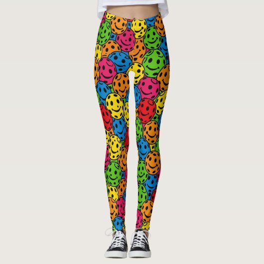 Pickleball Happy Retro Smiley Pattern Leggings (Vorderseite)