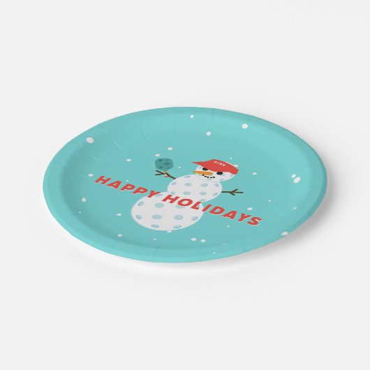 Pickleball Holiday Party Humorvolle Snowman Plate Pappteller (Schrägansicht)