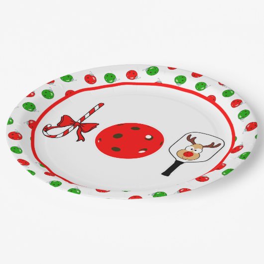Pickleball Joy Christmas Party Rote Grüne Ornament Pappteller (Schrägansicht)
