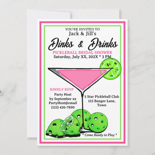 Pickleball Junggesellinnen-Abschied Dinks & Drinks Einladung (Vorderseite)